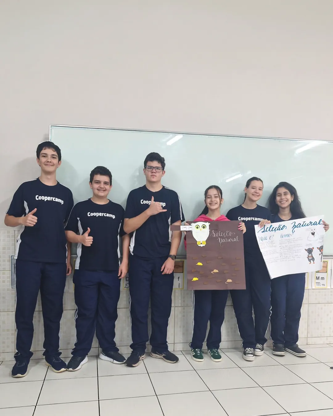 Grupo de alunos com cartazes do trabalho de Ciências